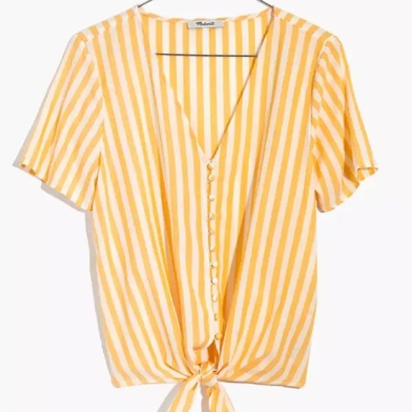 Yellow striped button up tie front Madewell Blouse size L - Picture 3 of 3